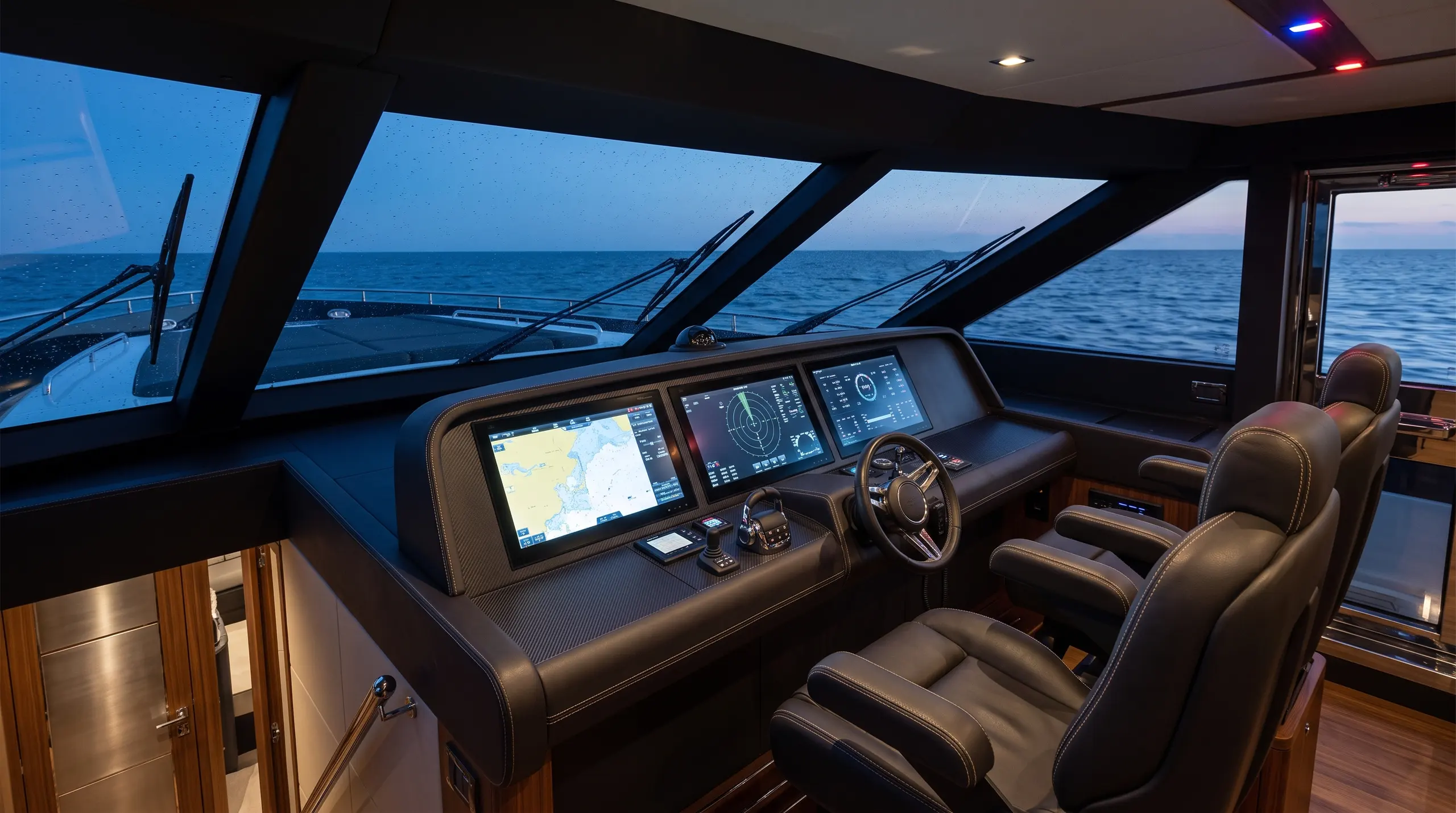 Helm station at blue hour: a carbon and leather dashboard with three glass navigation screens, two leather captain's seats, and a raked windscreen looking over the black foredeck to the open sea.