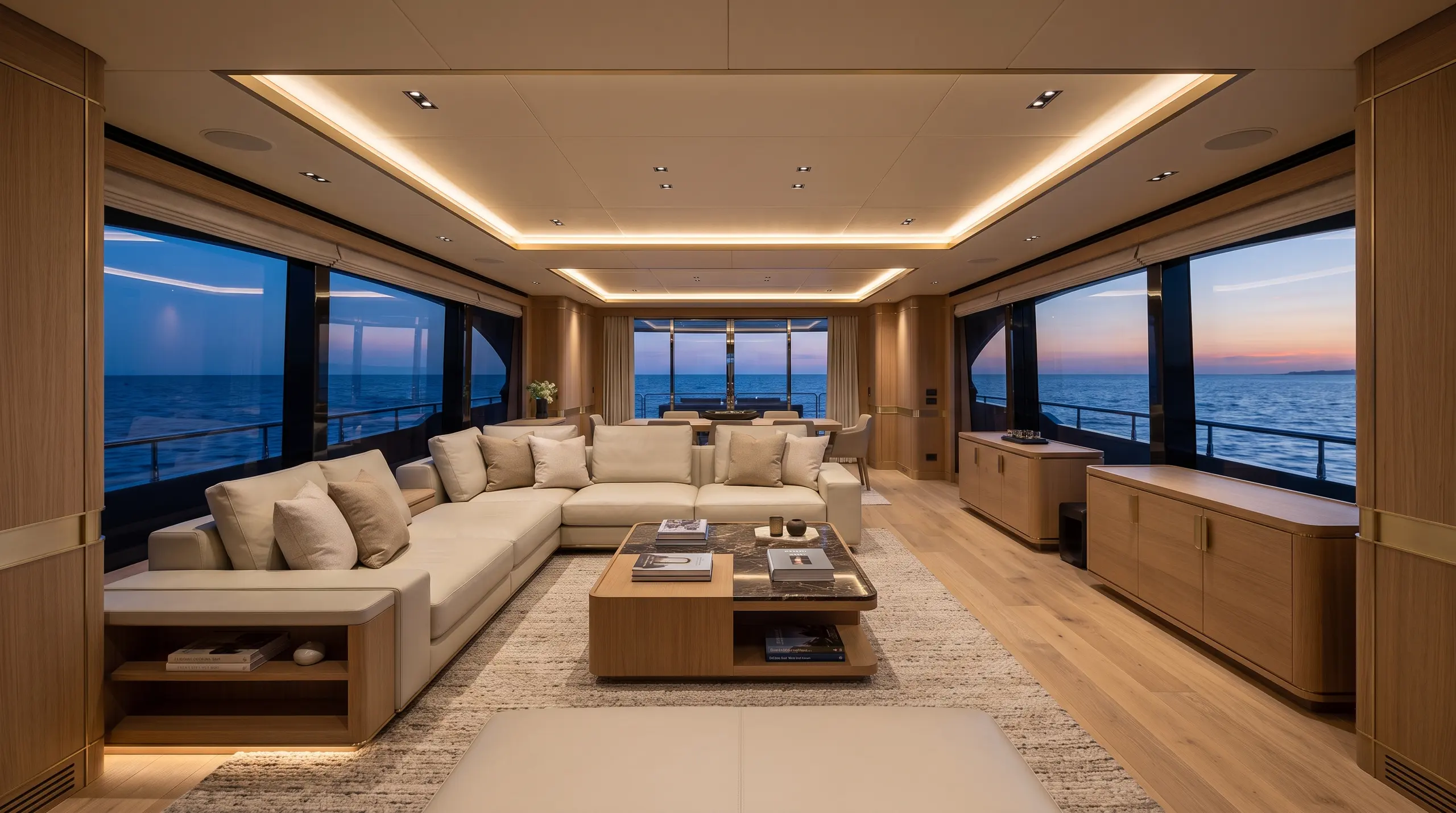Main-deck salon at dusk: an L-shaped cream sofa and oak coffee table on a pale rug, oak cabinetry along both sides, and floor-to-ceiling windows showing the sea and a sunset sky.
